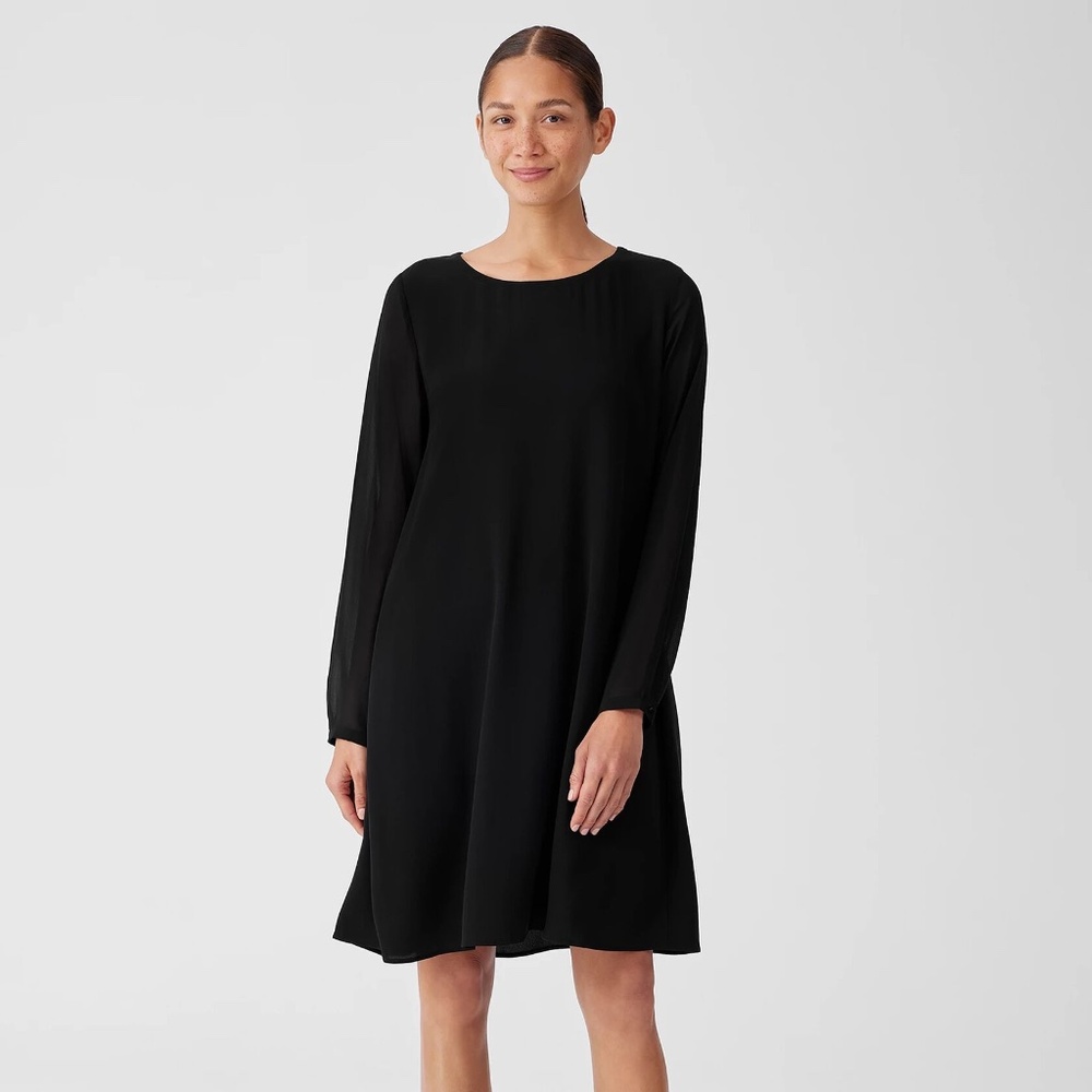 EILEEN FISHER Silk Georgette Dress with Sheer Sleeves Black Size PP